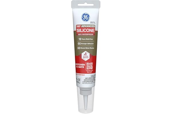 GE Advanced Silicone Caulk for Kitchen & Bathroom, White, 2.8 fl oz Tube, 1 Pack - 100% Waterproof Silicone Sealant, 5X Stron