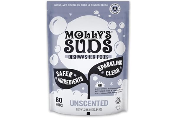 Molly's Suds Dishwasher Pods | Clean Dishwasher Detergent, Cuts Grease & Rinses Clean (Residue-Free) for Sparkling Dishes | 6