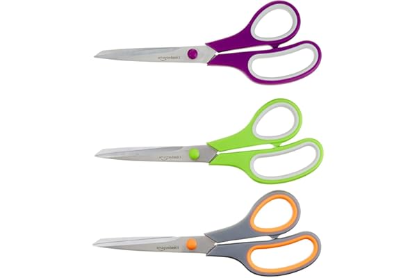 Amazon Basics Multipurpose Stainless Steel Scissors for Office, Crafts, Right/Left Handed, Comfort Grip, PVD Coated, 3-Pack, 