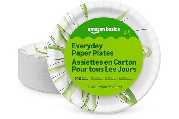 Amazon Basics Everyday Disposable Paper Plates, 8.62 Inch, Microwave-Safe, Cut Resistant, Soak-Proof, 100 Count, Packaging Ma