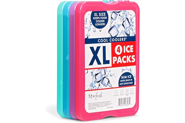 Cool Coolers by Fit & Fresh 4 Pack XL Slim Ice Packs, Quick Freeze Space Saving Reusable Ice Packs for Lunch Boxes or Coolers