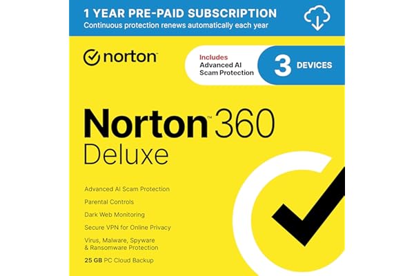 Norton 360 Deluxe, Antivirus software for 3 Devices with Auto-Renewal – Includes Advanced AI Scam Protection, VPN, Dark Web M