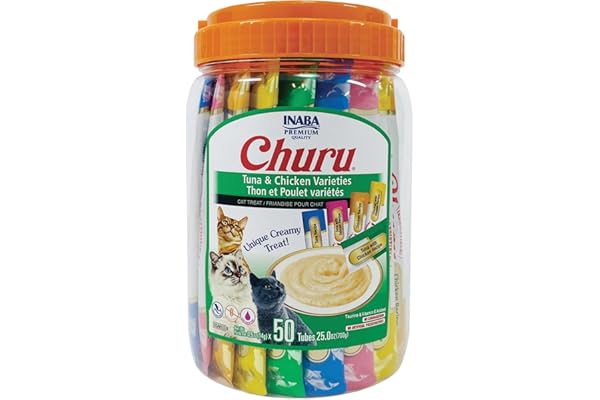 INABA Churu Cat Treats, Lickable, Squeezable Creamy Purée Cat Treat with Green Tea Extract & Taurine, 0.5 Ounces Each Tube, 5