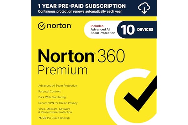 Norton 360 Premium, Antivirus software for 10 Devices with Auto-Renewal – Includes Advanced AI Scam Protection, VPN, Dark Web
