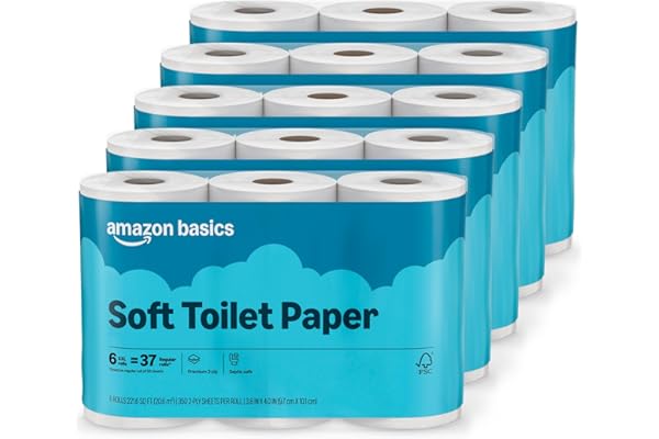 Amazon Basics 2-Ply Soft Toilet Paper, 30 Rolls (5 Packs of 6), 350 Sheets per Roll, Septic Safe, Equivalent to 185 Regular R