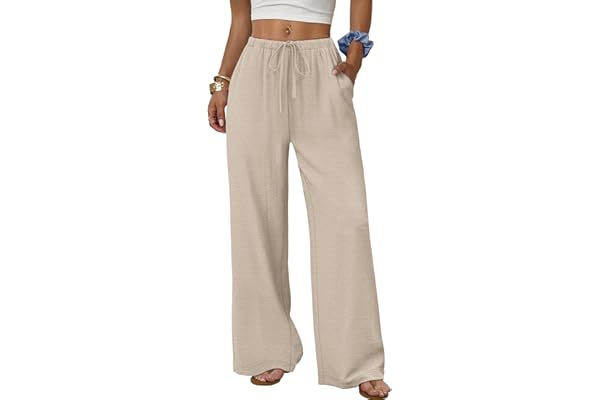 Sampeel Wide Leg Pants for Women Flowy Palazzo Drawstring Elastic Waist Trousers with Pockets Summer Beach Vacation Clothes