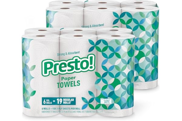 Amazon Brand - Presto! Ultra-Strong Premium Paper Towels, 158 Sheet Huge Roll - Flex-a-Size, 12 Rolls (2 Packs of 6), Equival