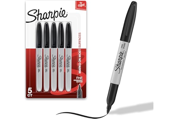 Sharpie Permanent Markers, Fine Tip, Black, 5 Count - Quick Drying, Fade Resistant
