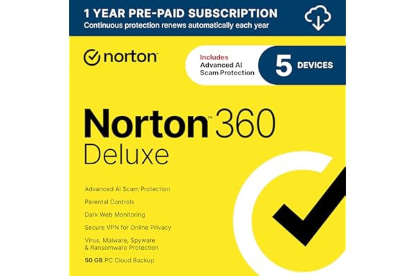 Norton 360 Deluxe, Antivirus software for 5 Devices with Auto-Renewal – Includes Advanced AI Scam Protection, VPN, Dark Web M
