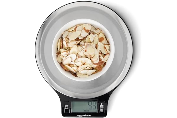 Amazon Basics Digital Kitchen Scale with LCD Display, Tare Function, Multiple Units, Weighs up to 11 Pounds, Batteries Includ