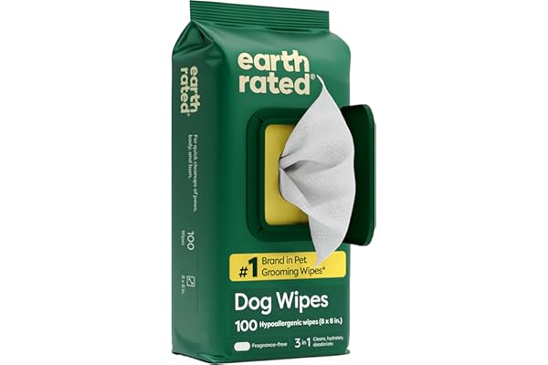 Earth Rated Pet Wipes for Dogs and Cats, Hypoallergenic, 3-in-1 Cleaning, Deodorizing and Hydrating, for Grooming Paws, Body 