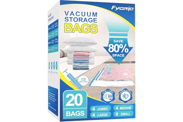 Fygrip Vacuum Storage Bags with Hand Pump, Plastic Packaging Bags, 80% Space Saver Vacuum Seal Bags for Clothing, Travel Lugg