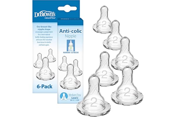 Dr. Brown’s Natural Flow Level 2 Narrow Baby Bottle Silicone Nipple, Medium Flow, 3m+, 100% Silicone Bottle Nipple, 6 Count