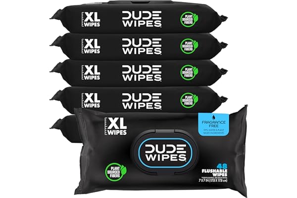 DUDE Wipes Unscented Flushable Wipes - Extra-Large Adult Wet Wipes for Sensitive Skin - 6 Pack (288 Count) - Infused with Vit