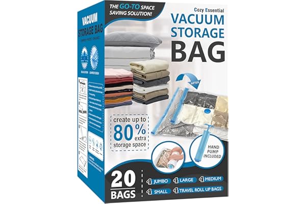 Cozy Essential Vacuum Storage Bags, 80% Compression Vacuum Seal Space Saver Plastic Packaging Bags for Clothes, Blankets, Pil
