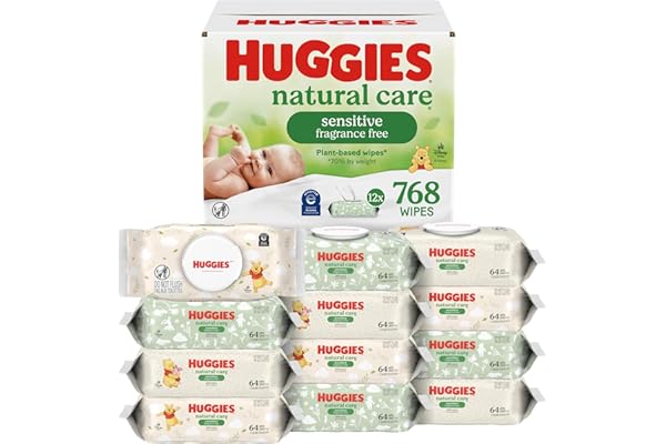 Huggies Natural Care Sensitive Baby Wipes, Unscented, Hypoallergenic, 99% Purified Water, 12 Flip-Top Packs (768 Wipes Total)
