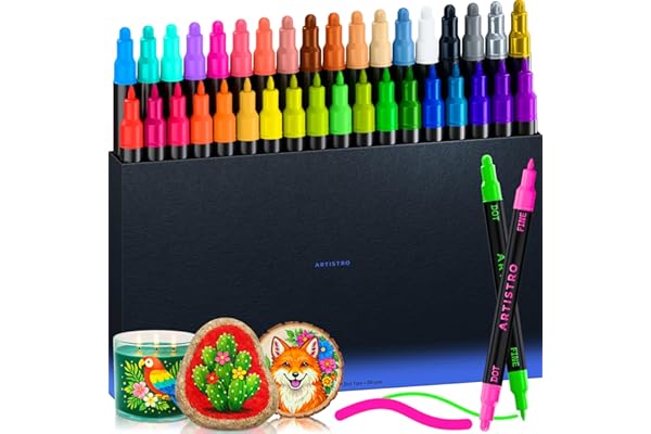 ARTISTRO 36 Dual Tip Pens, Dot & Fine Tips Paint Markers – Paint Pens Set for Fabric, Rock, Glass, Wood, Coloring Books – Art
