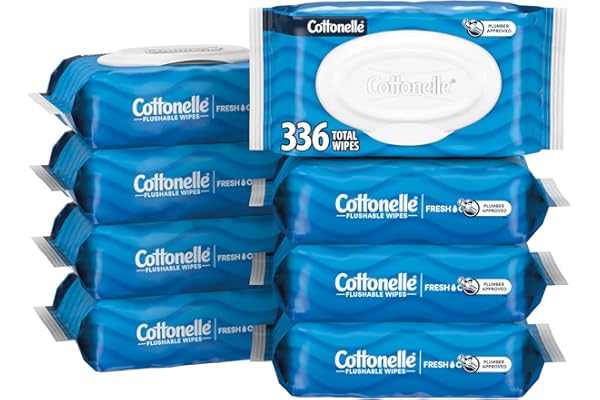 Cottonelle Fresh Feel Flushable Wet Wipes, Adult Wet Wipes, 8 Flip-Top Packs, 42 Wipes Per Pack (336 Total Wipes), Packaging 