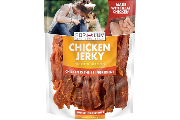 Pur Luv Chicken Jerky Dog Treats, Made with 100% Real Chicken Breast, 16 Ounces, Healthy, Easily Digestible, Long-Lasting, Hi