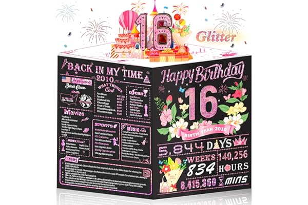 Sweet 16th Birthday Card for Girls Daughter,3D Pop Up Sweet 16th Birthday Cards for Granddaughter Sister,16th Birthday Decora