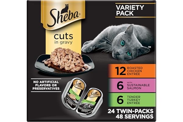 Sheba Perfect Portions Wet Cat Food Cuts in Gravy, Cat Food Wet Recipe, Roasted Chicken Entree, with Sustainable Salmon, Tend