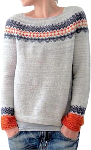 Bengbobar Fair Isle Sweater Womens Pullover Argyle Vintage Winter Fall Casual Boho Knit Tops Crewneck Long Sleeve Blouse