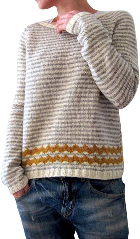 Bengbobar Fair Isle Sweater Womens Pullover Argyle Vintage Winter Fall Casual Boho Knit Tops Crewneck Long Sleeve Blouse