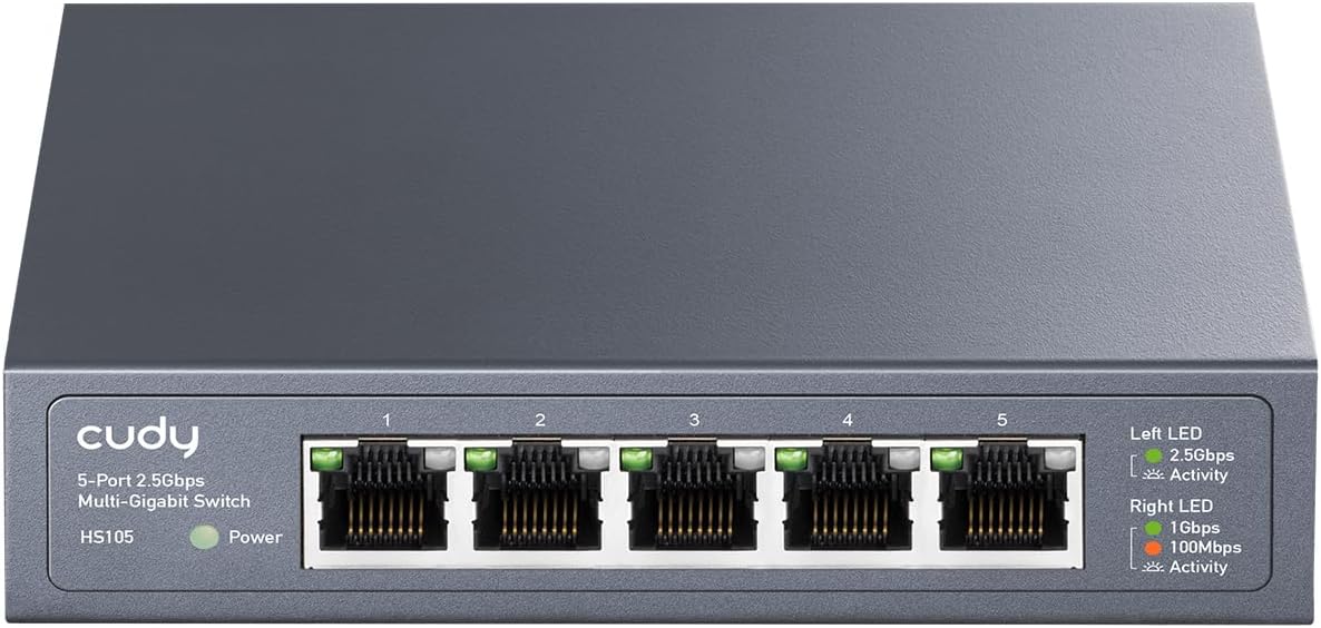 Cudy HS105 Switch Ethernet, 5 Porte Ethernet RJ45 Da 2,5 Gbps, Rilevamento Loop, Risparmio Energetico 802.3az, Montaggio A Parete/Da Tavolo