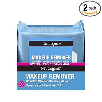 Neutrogena Makeup Remover Wipes Micellar Alcohol-Free Face Towelettes Remove Waterproof Mascara & Oil, Compostable 100% Plant-Based Cloth, Dermatologist & Ophthalmologist Tested, Twin Pack 2 x 25 ct