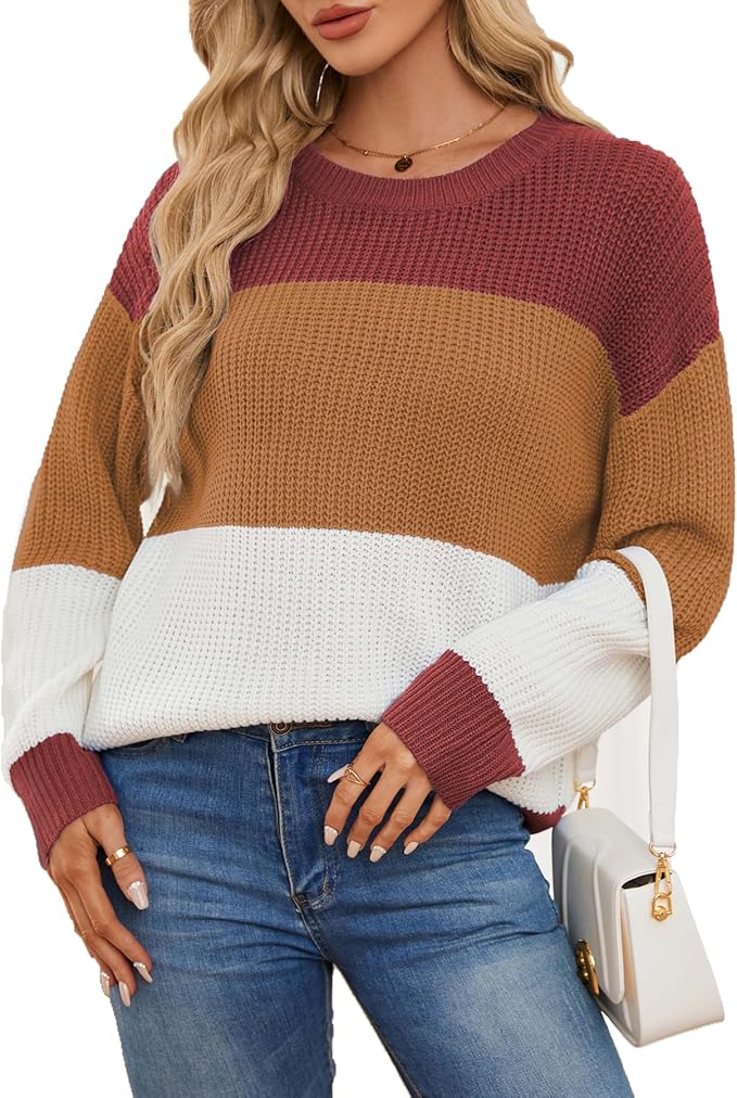 Women's Striped Color Block Sweater Long Sleeve Crewneck Casual Loose Fit Soft Knit Sweater Pullover Tops