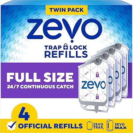 Zevo Flying Insect Trap Official Refill Cartridges - Fits Both Zevo Trap & MAX Indoor Fly Trap - Authentic Trap+Lock Technology to Catch Gnats, House & Fruit Flies (4 Official Refill Cartridges)